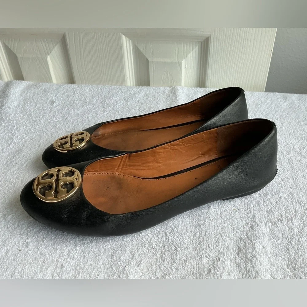 Tory Burch Black Leather Flats with Gold Emblem